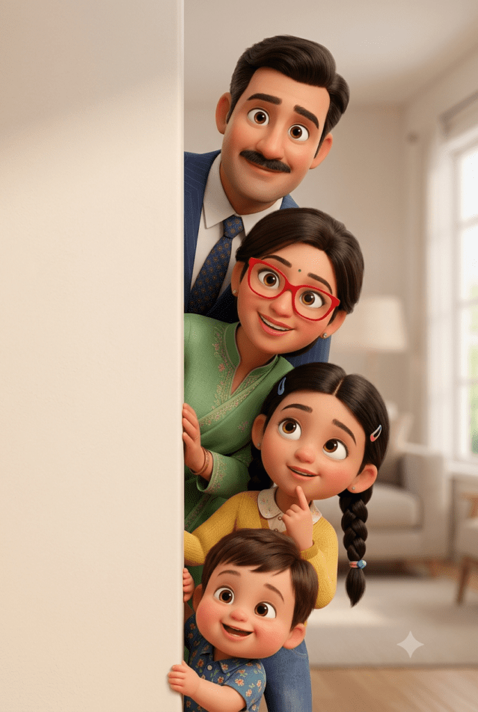 A beginner friendly 3D family portrait in Pixar style with four members sorted by age peeking from behind a wall