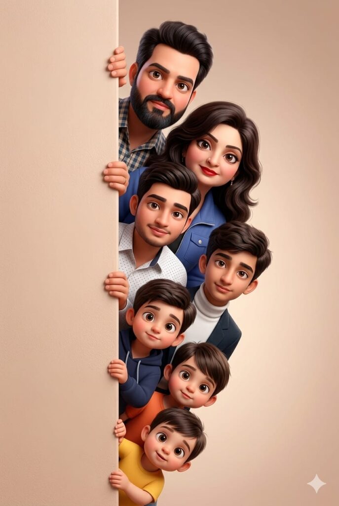 3D stylized cartoon family portrait peeking behind a wall Pixar Disney style animation 4k render
