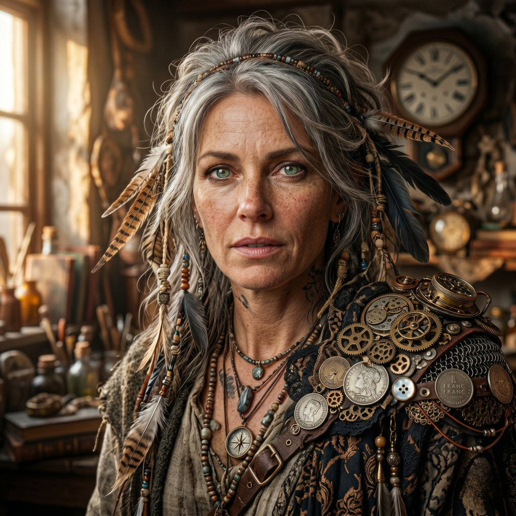A woman’s portrait featuring Surreal Mixed Media AI Art with steampunk gears.