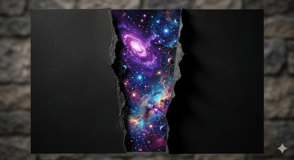 A breathtaking 3D paper tear AI art prompt render of a glowing cosmic nebula inside matte black paper