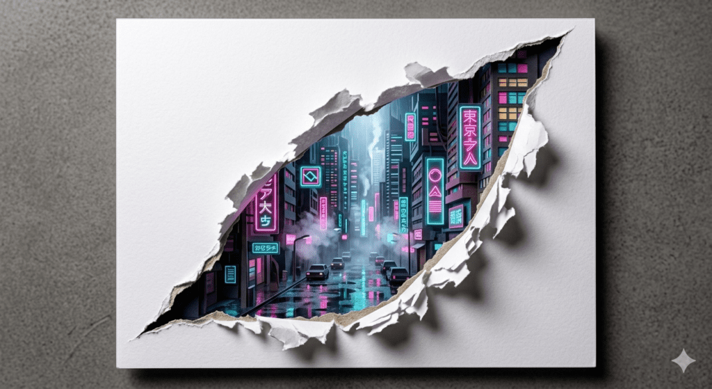 A cinematic 3D paper tear AI art prompt render of a cyberpunk neon street through a ripped cardboard opening