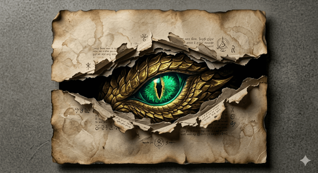 A dramatic 3D paper tear AI art prompt render of a golden dragon eye glaring through burnt parchment paper