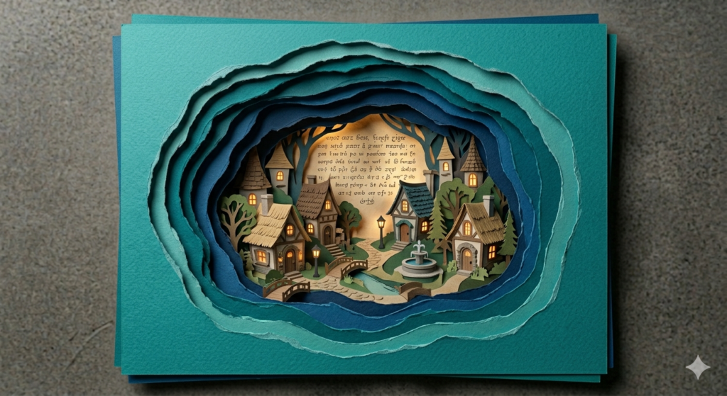A majestic 3D paper tear AI art prompt render of a multi-layered paper-cut fairy village with glowing windows