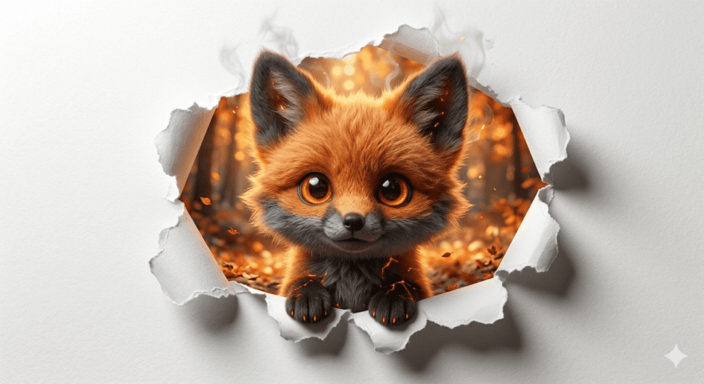 A stunning 3D paper tear AI art prompt render of a cute ginger fox popping out from white cardstock for THE PROMPT HOME