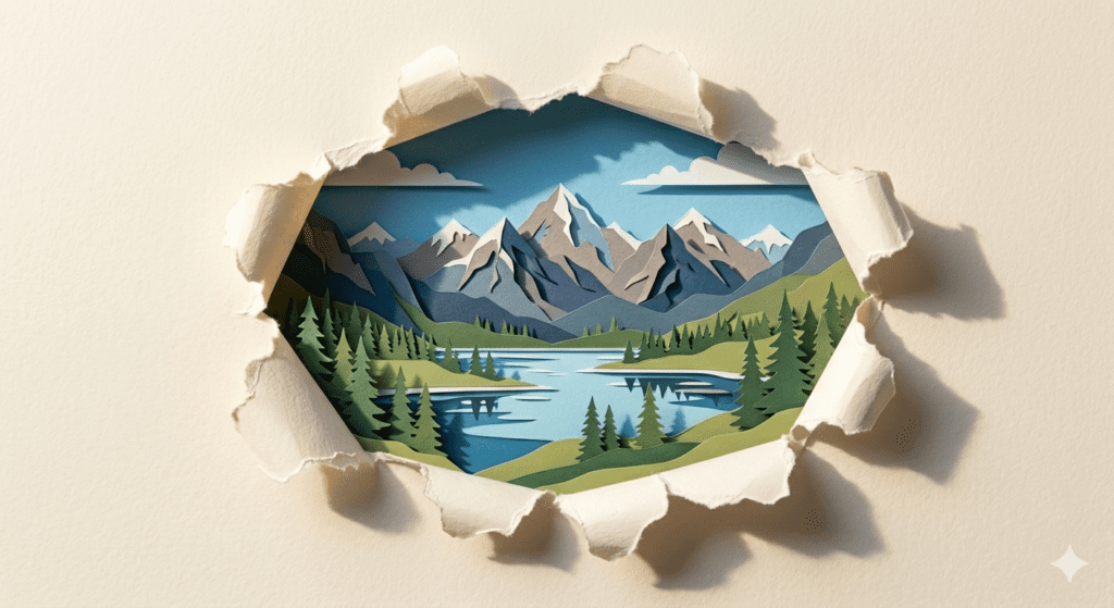 A beautiful 3D paper tear AI art prompt render of an alpine mountain lake landscape inside layered cardstock