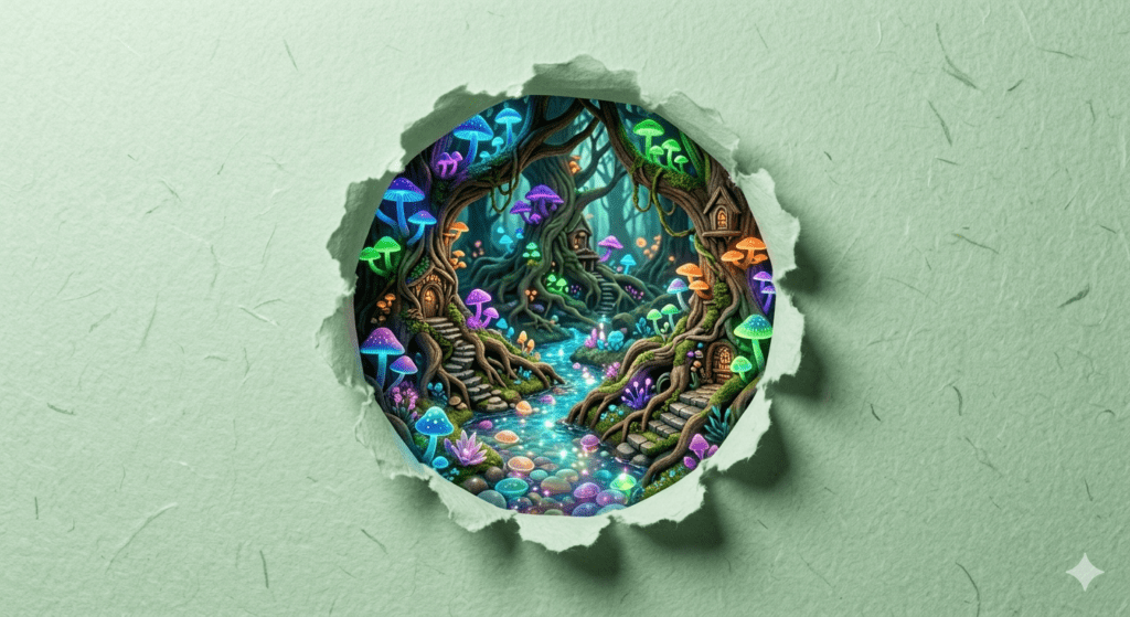 A whimsical 3D paper tear AI art prompt render of a magical glowing forest inside pastel green paper