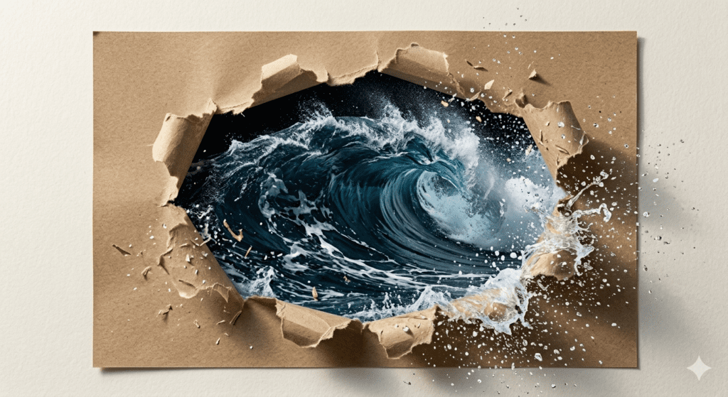 A dynamic 3D paper tear AI art prompt render of a powerful ocean wave crashing out from craft paper for THE PROMPT HOME