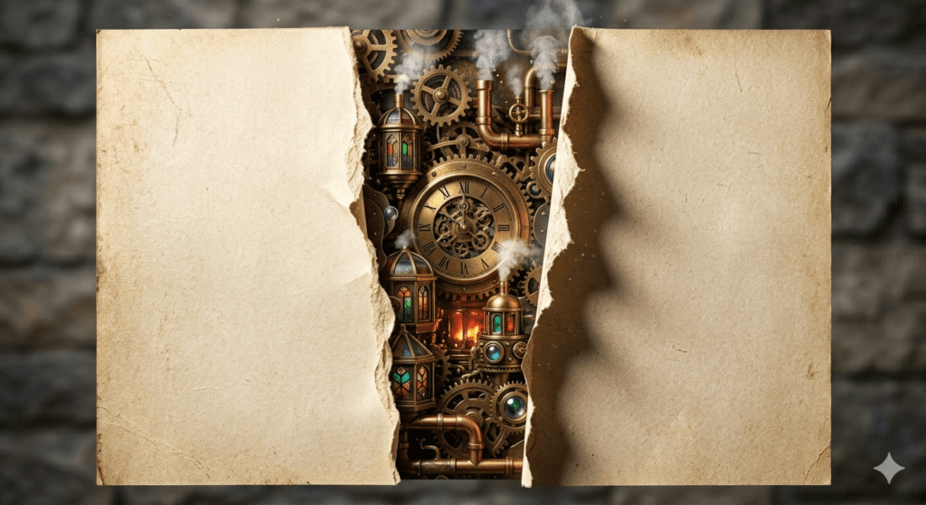 An intricate 3D paper tear AI art prompt render of a steampunk clockwork city hidden in vintage parchment
