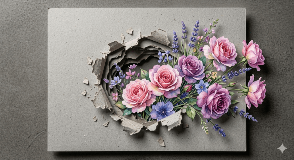 A premium 3D paper tear AI art prompt render of a watercolor floral bouquet bursting out of grey cardboard