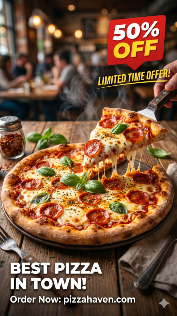 AI Pizza Ad Prompt realistic pizza advertisement with discount