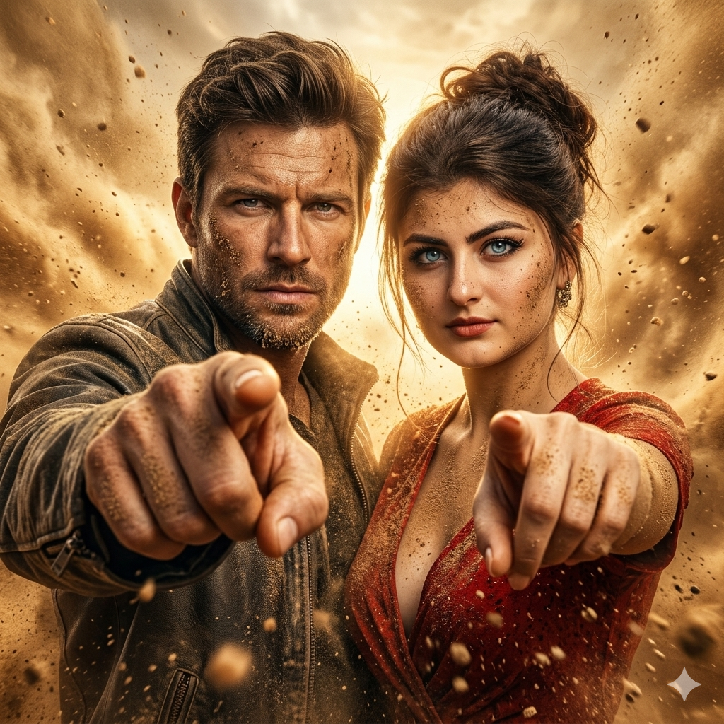 ultra realistic portrait pointing at camera with cinematic dust explosion effect