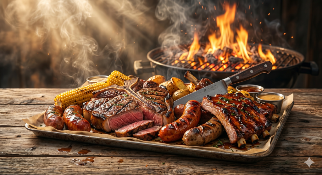 AI BBQ Ad Prompt ultra realistic grilled meat with flames smoke cinematic lighting 8K