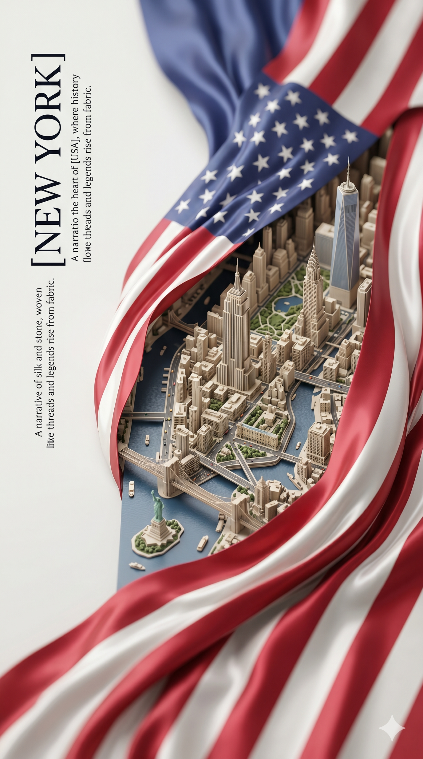 AI city flag art showing miniature London and New York wrapped in UK and USA flags with cinematic detail