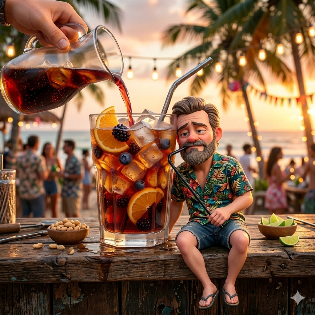 Miniature man sitting beside giant cocktail glass with tropical sunset background AI generated scene