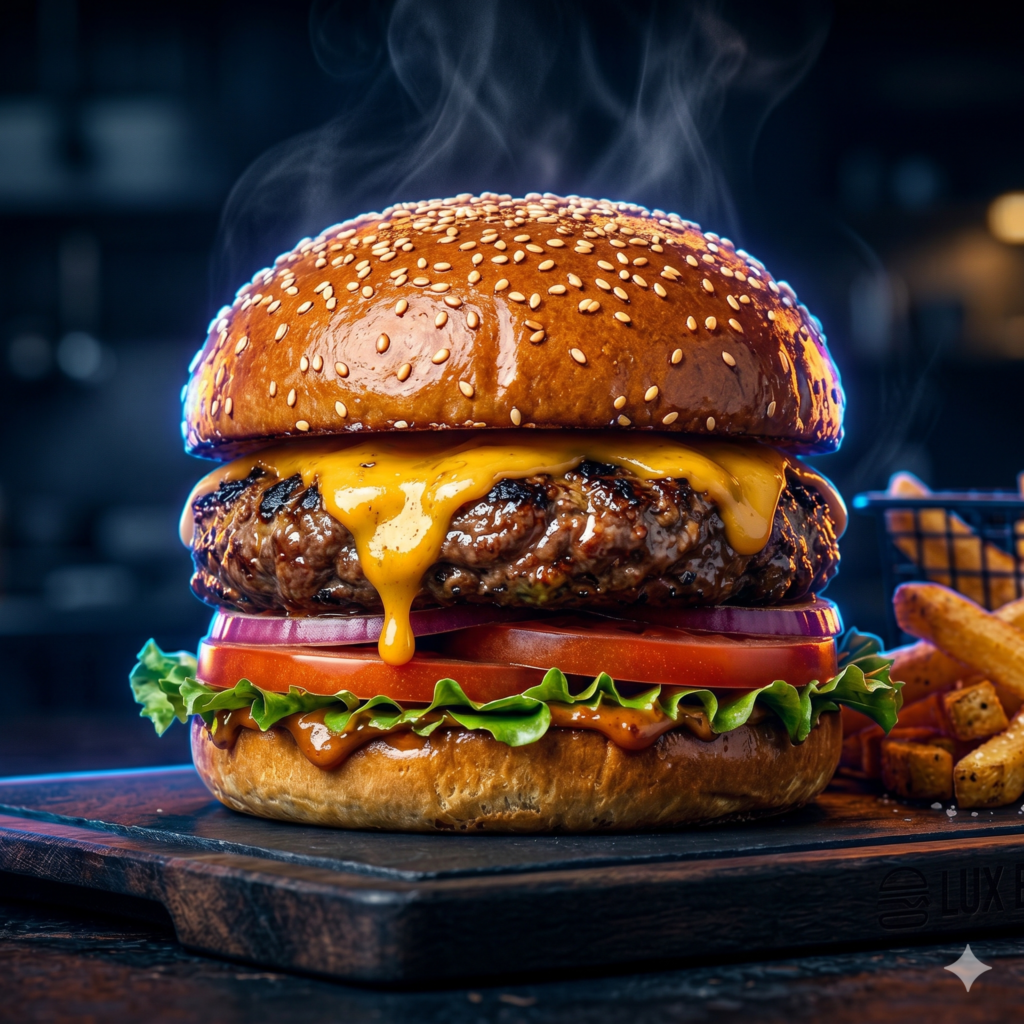 AI Burger Ad Prompt ultra realistic burger image with cinematic lighting and 8K food photography