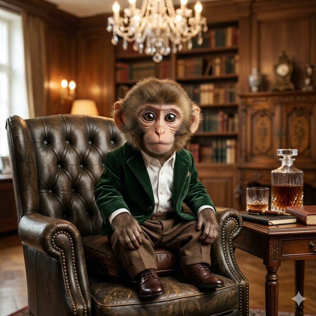 Realistic oil painting of a sophisticated baby monkey in a green velvet blazer sitting confidently in a vintage armchair.