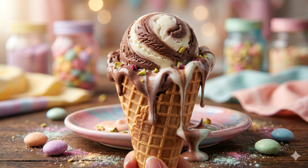 AI Ice Cream Ad Prompt ultra realistic melting ice cream scoop with vibrant colors and cinematic lighting