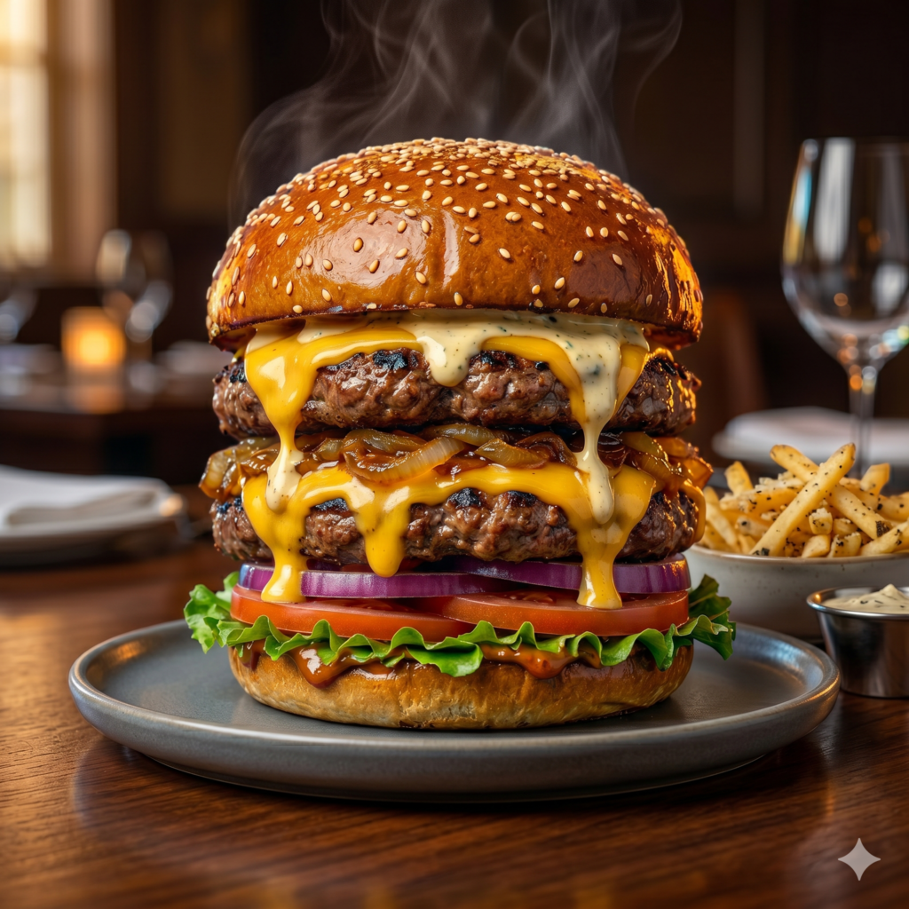 AI Burger Ad Prompt ultra realistic burger image with cinematic lighting and 8K food photography