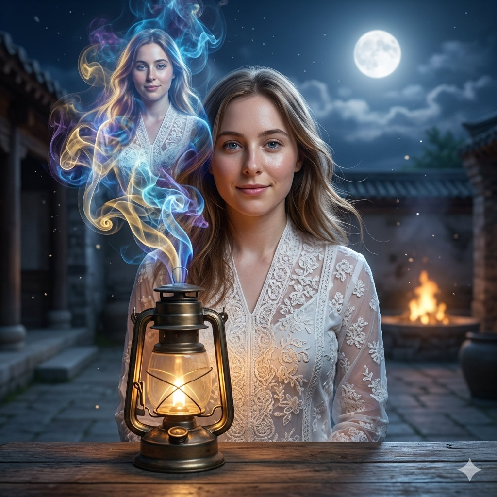 magical lantern portrait with glowing smoke spirit cinematic fantasy night scene AI generated image