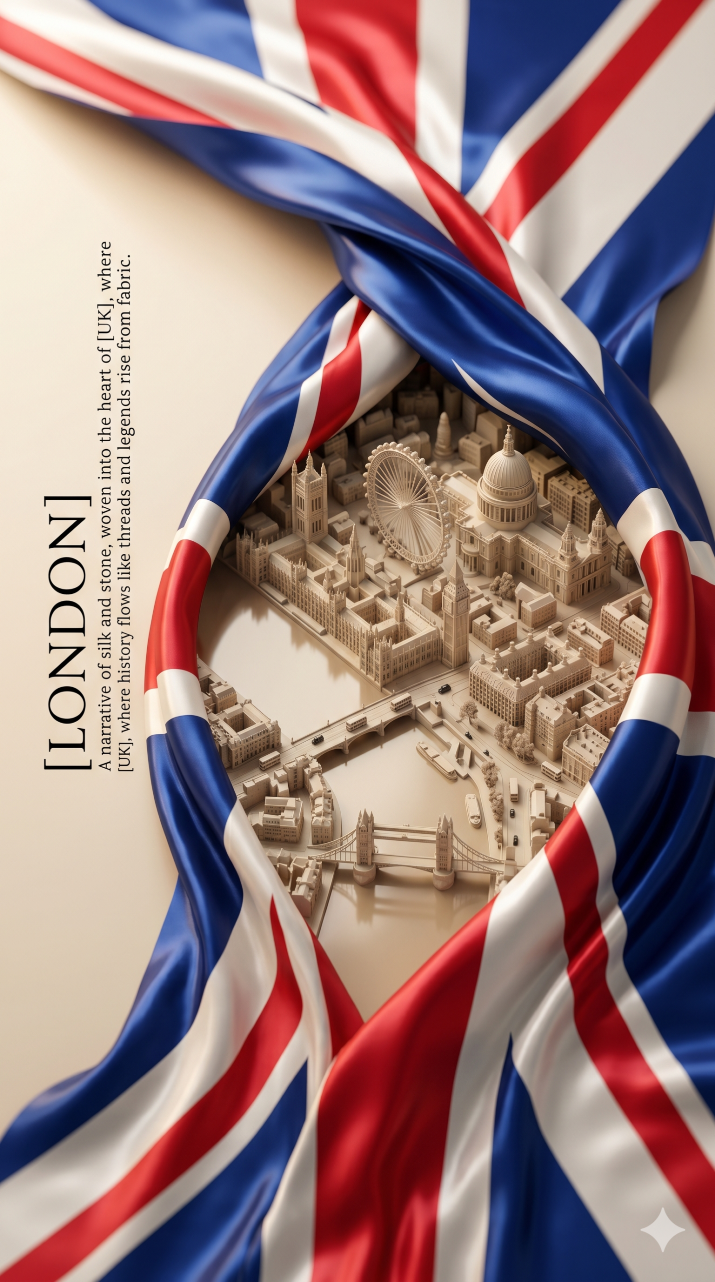 AI city flag art showing miniature London and New York wrapped in UK and USA flags with cinematic detail