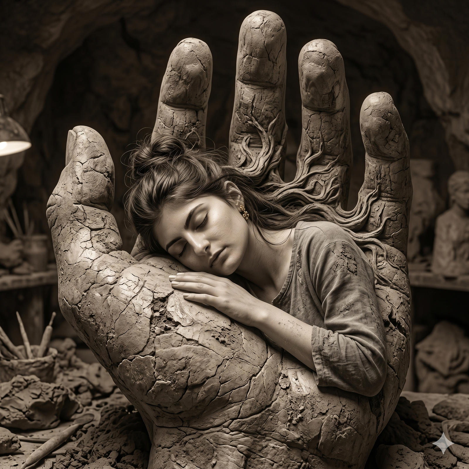 Surreal conceptual photography of a woman sleeping inside the palm of a giant cracked clay sculpture hand in an art studio