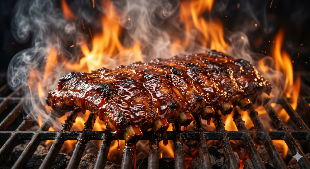 AI BBQ Ad Prompt ultra realistic grilled meat with flames smoke cinematic lighting 8K