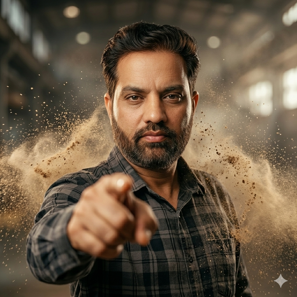 ultra realistic portrait pointing at camera with cinematic dust explosion effect
