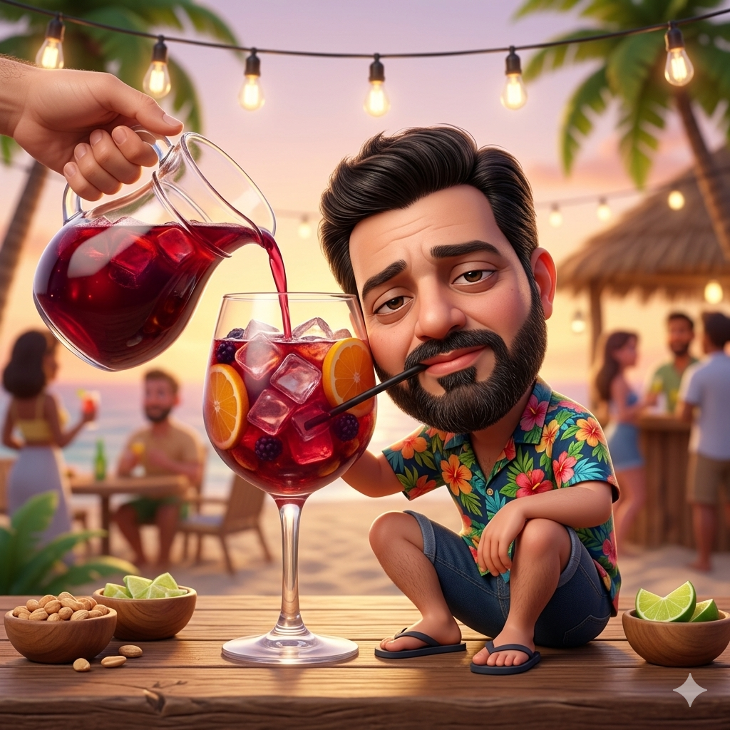 Miniature man sitting beside giant cocktail glass with tropical sunset background AI Image generated scene