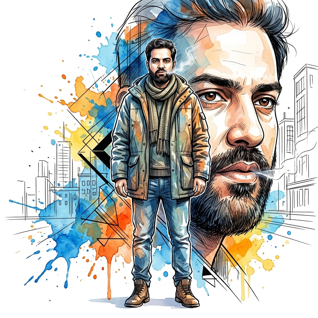 Artistic Urban Soul watercolor sketch with a dual-view portrait and line-art city background.