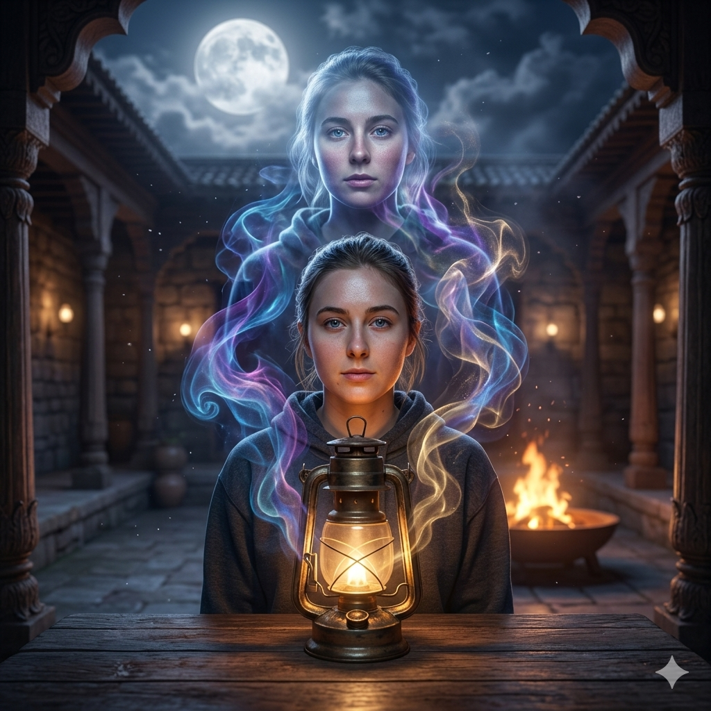 magical lantern portrait with glowing smoke spirit cinematic fantasy night scene AI generated image