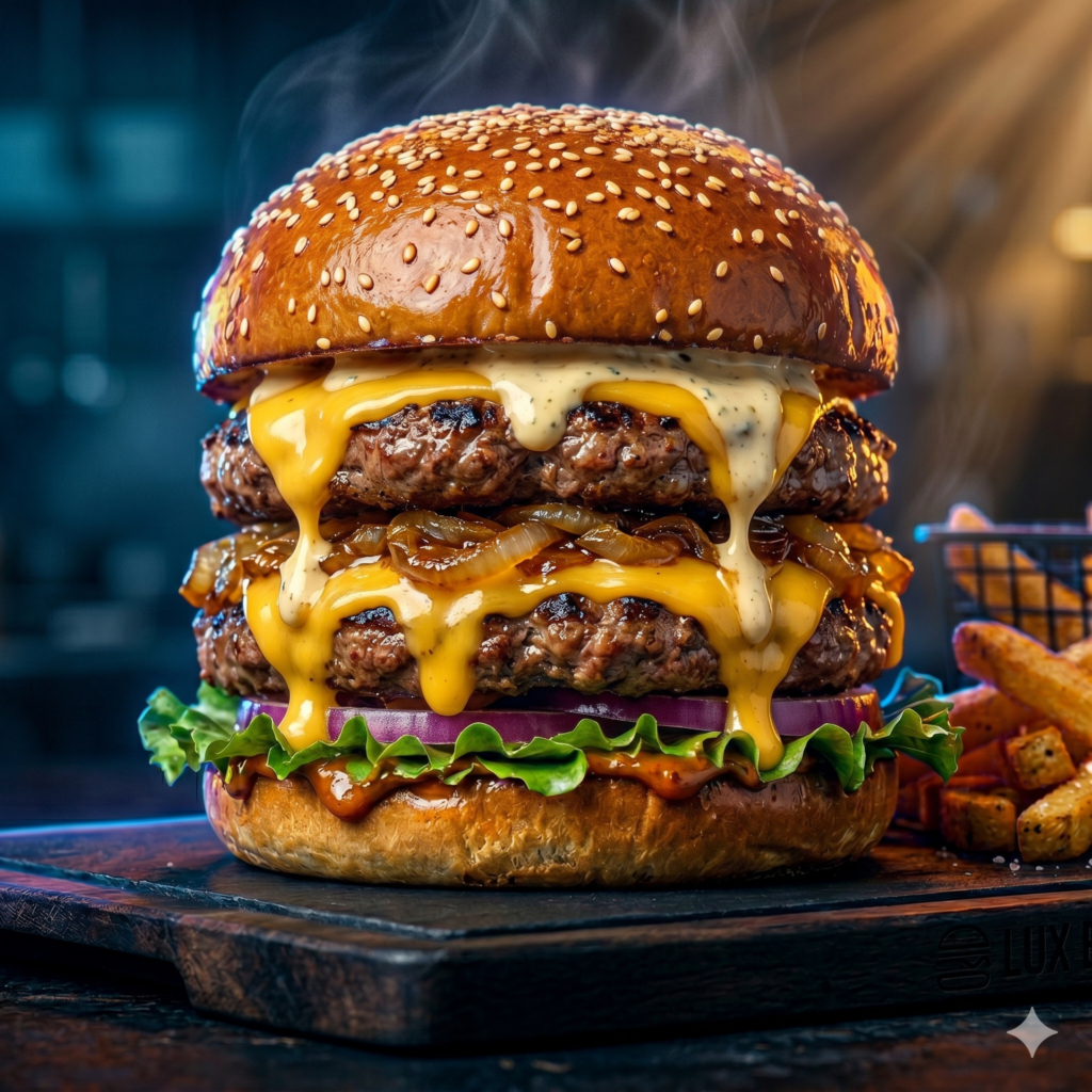 AI Burger Ad Prompt ultra realistic burger image with cinematic lighting and 8K food photography