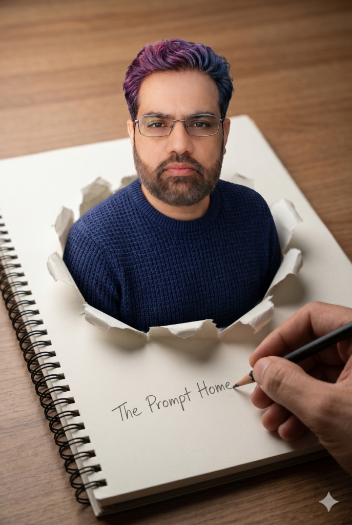 A professional example of 3D Paper Tear AI Art featuring a character emerging from a sketchbook.