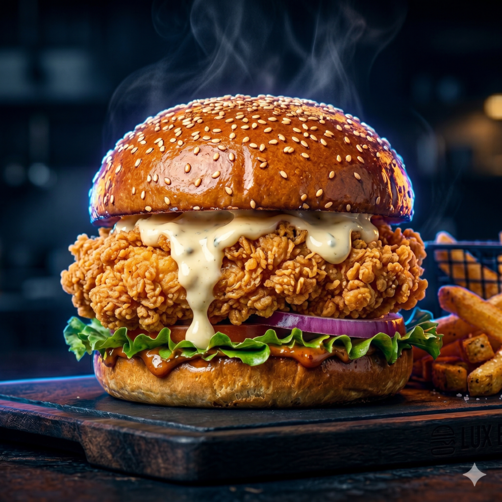 AI Burger Ad Prompt ultra realistic burger image with cinematic lighting and 8K food photography