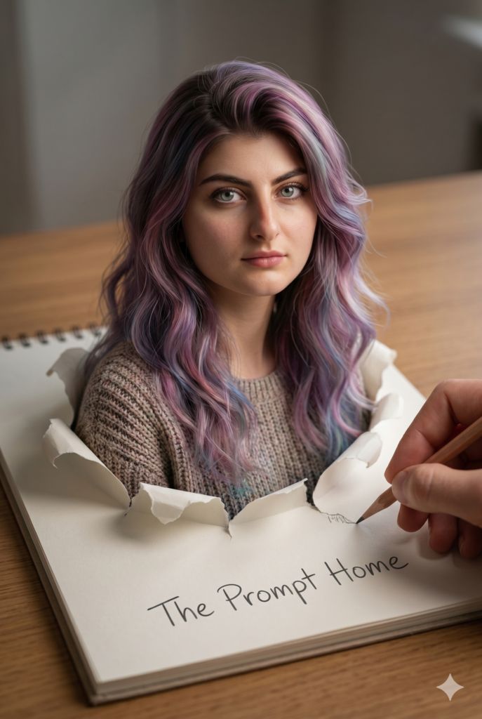 A professional example of 3D Paper Tear AI Art featuring a character emerging from a sketchbook.