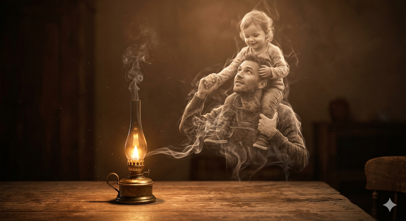 Emotional Father and Son Smoke Art Portrait emerging from an Oil Lamp