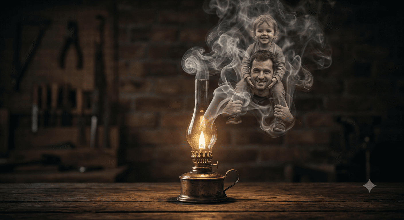 Surreal conceptual art of oil lamp smoke forming an ethereal figure of a father carrying his toddler son on his shoulders in a rustic workshop