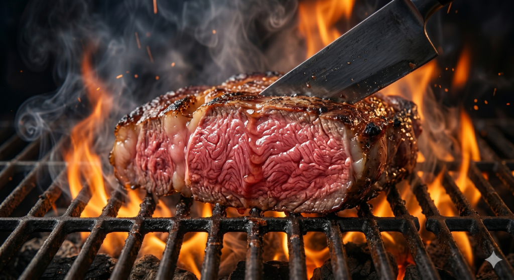 AI BBQ Ad Prompt ultra realistic grilled meat with flames smoke cinematic lighting 8K