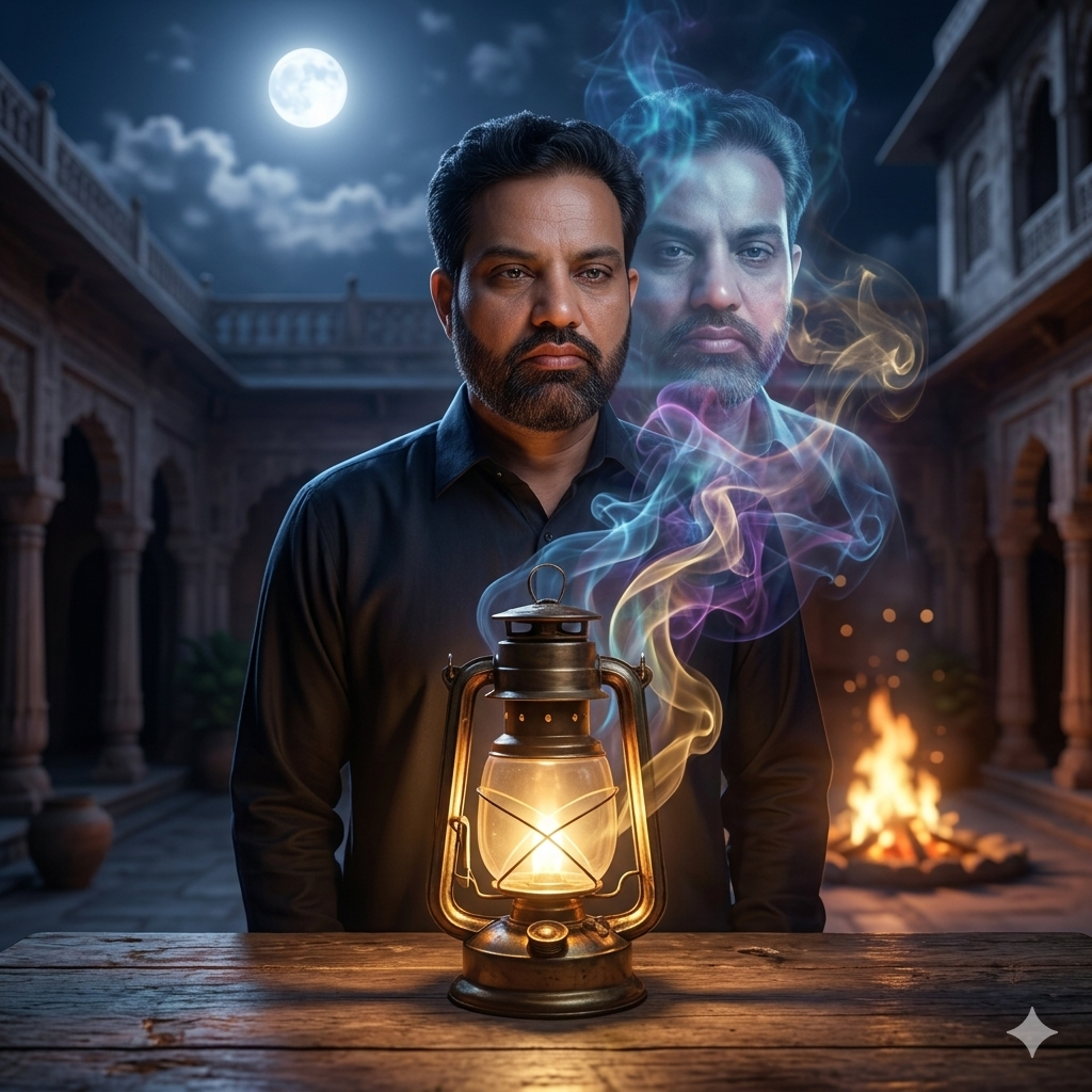 magical lantern portrait with glowing smoke spirit cinematic fantasy night scene AI generated image