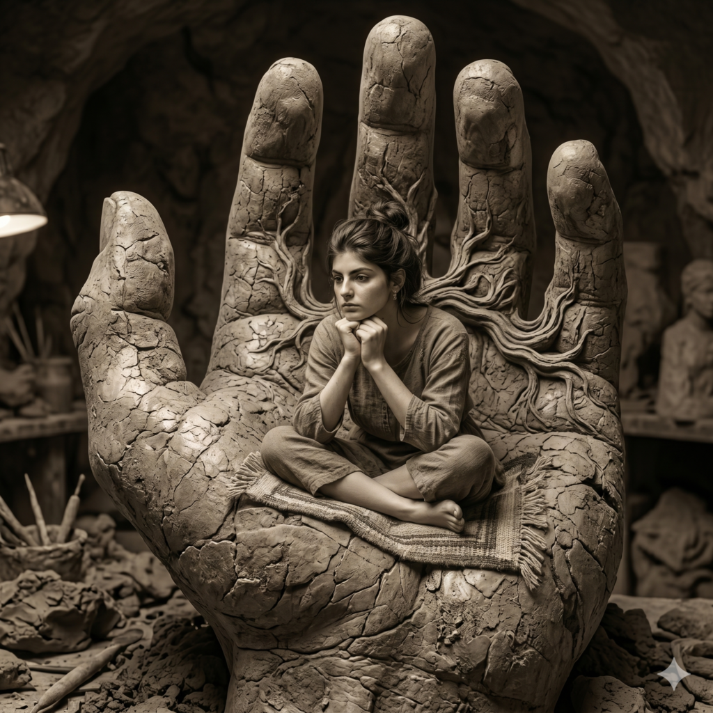 A Hyper-Realistic Clay Hand Sculpture holding a hopeful young woman.