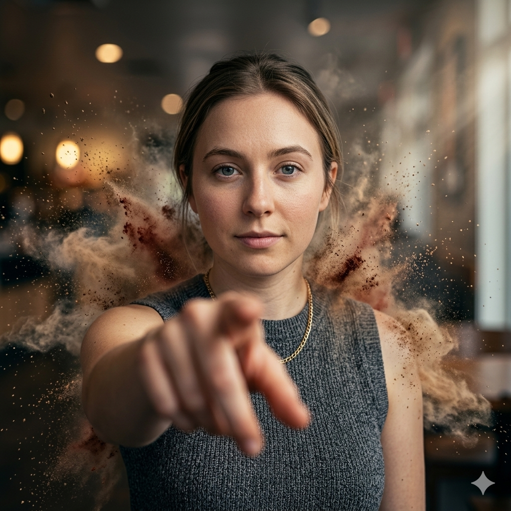 ultra realistic portrait pointing at camera with cinematic dust explosion effect