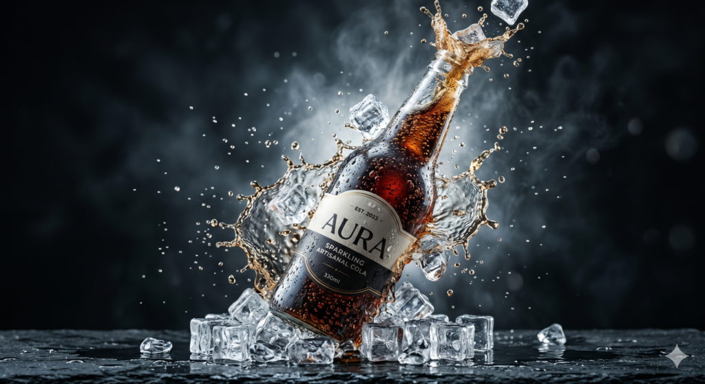 AI Cold Drink Ad Prompt ultra realistic soda bottle with condensation droplets and ice splash cinematic lighting