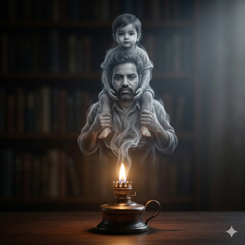 Emotional Father and Son Smoke Art Portrait emerging from an Oil Lamp