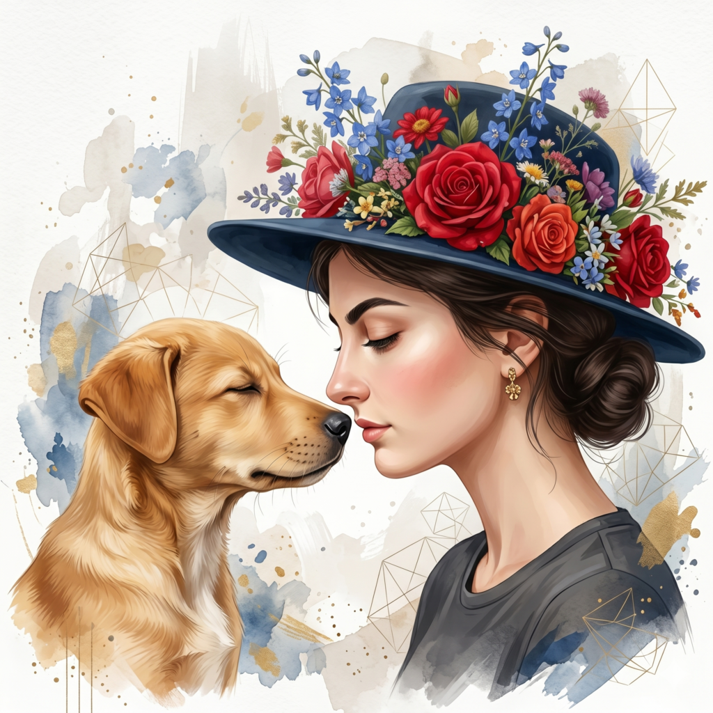 Beautiful woman and pet dog Watercolor Portrait AI Prompts
