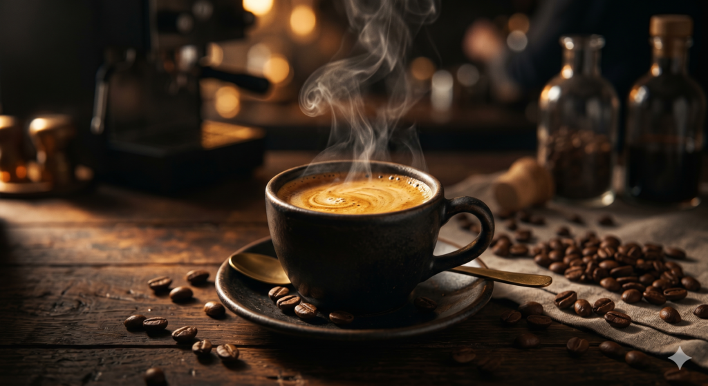 AI Coffee Ad Prompt ultra realistic coffee cup with steam cinematic lighting 8K food photography