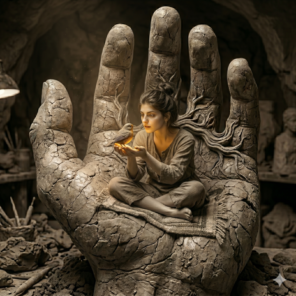 A Hyper-Realistic Clay Hand Sculpture holding a hopeful young woman.