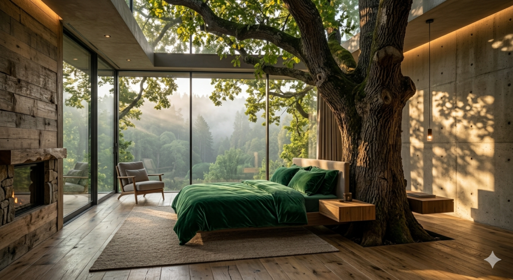 Luxury master bedroom with a large oak tree and glass walls, biophilic interior design, 8k hyper-realistic AI art.