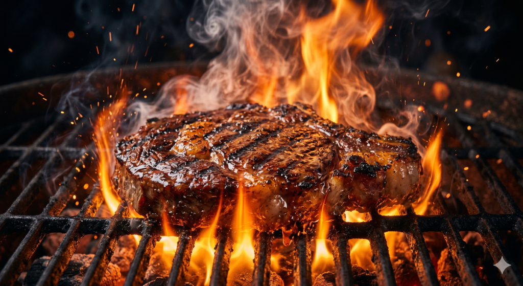 AI BBQ Ad Prompt ultra realistic grilled meat with flames smoke cinematic lighting 8K