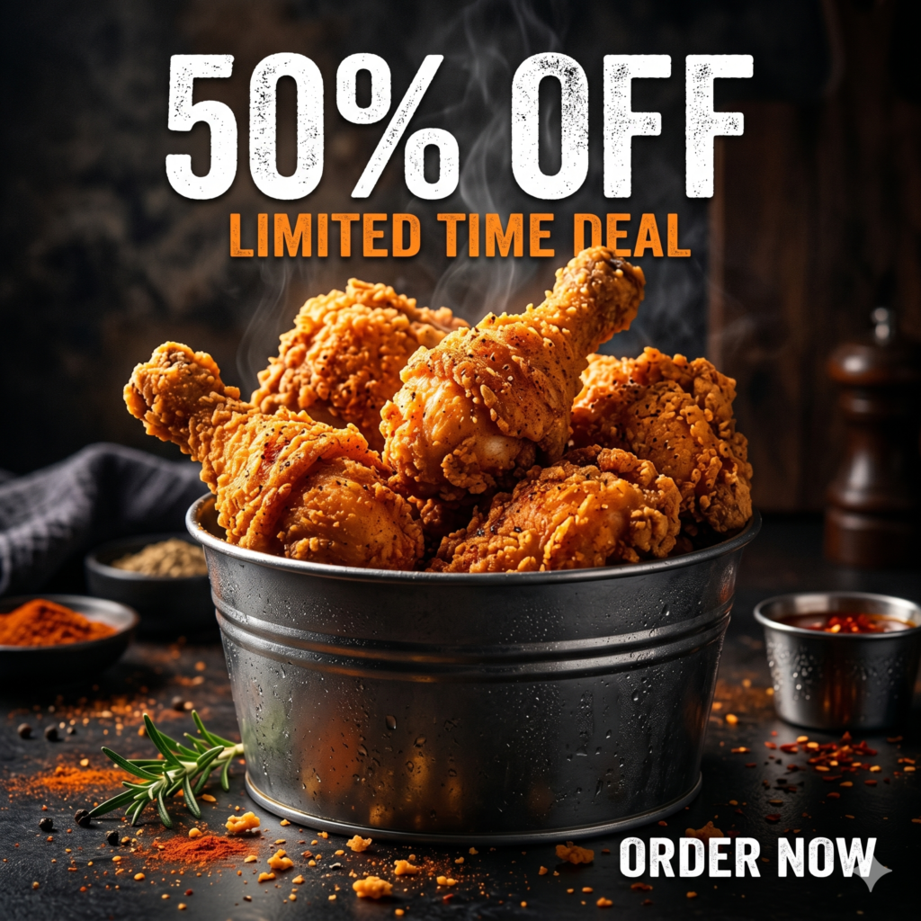 AI Fried Chicken Ad Prompt crispy chicken advertisement with discount