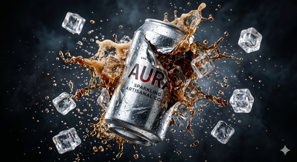 AI Cold Drink Ad Prompt ultra realistic soda bottle with condensation droplets and ice splash cinematic lighting