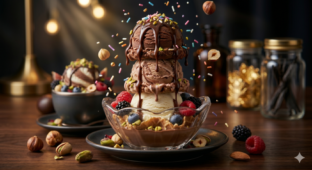 AI Ice Cream Ad Prompt ultra realistic melting ice cream scoop with vibrant colors and cinematic lighting